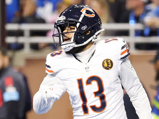 DETROIT, MICHIGAN - NOVEMBER 28: Keenan Allen #13 of the Chicago Bears reacts after a second half touchdown against the Detroit Lions at Ford Field on November 28, 2024 in Detroit, Michigan.