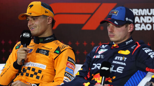 SAO PAULO, BRAZIL - NOVEMBER 02: Sprint winner Lando Norris of Great Britain and McLaren and Third placed Max Verstappen of the Netherlands and Oracle Red Bull Racing, later demoted to 4th placed, attend the press conference after the Sprint ahead of the F1 Grand Prix of Brazil at Autodromo Jose Carlos Pace on November 02, 2024 in Sao Paulo, Brazil.