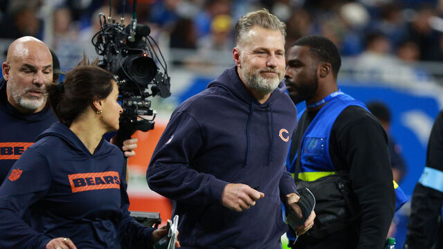 DETROIT,MICHIGAN-November 28: Chicago Bears head coach Matt Eberflus heads to the tunnel during halftime of an NFL Thanksgiving Day football game between the Chicago Bears and the Detroit Lions at Ford Field in Detroit, Michigan USA, on Thursday, November 28, 2024.