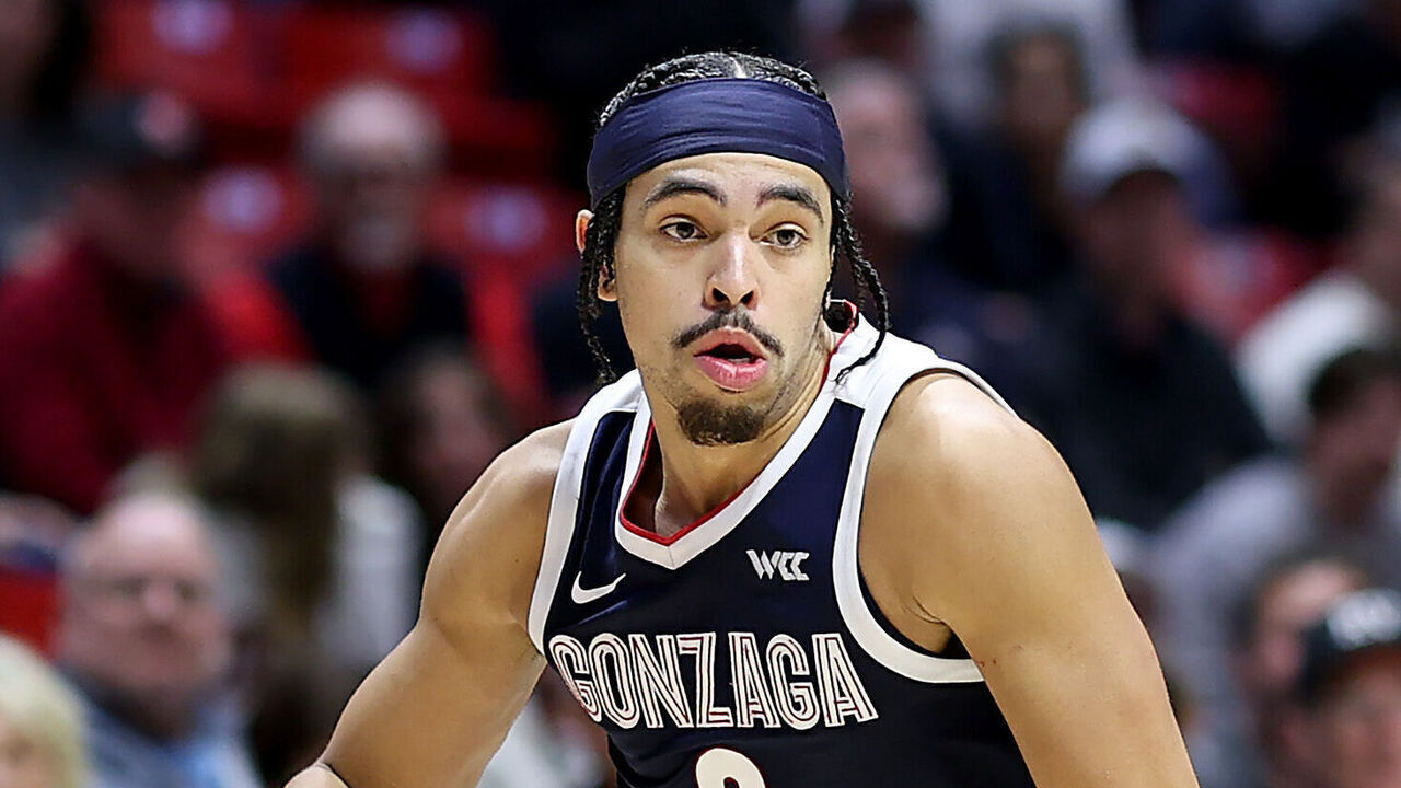 SAN DIEGO, CALIFORNIA - NOVEMBER 18: Ryan Nembhard #0 of the Gonzaga Bulldogs dribbles during the second half of a game against the San Diego State Aztecs at Viejas Arena at San Diego State University on November 18, 2024 in San Diego, California.