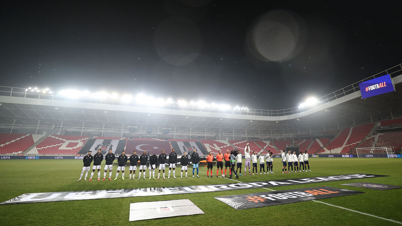 ISTANBUL, TURKEY - NOVEMBER 28: The players of Besiktas and Maccabi Tel-Aviv FC line up prior to kick-off ahead of the UEFA Europa League 2024/25 League Phase MD5 match between Besiktas JK and Maccabi Tel-Aviv FC at Besiktas Park on November 28, 2024 in Istanbul, Turkey.