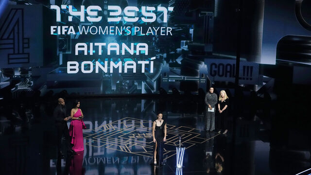 LONDON, ENGLAND - JANUARY 15: Spain and Barcelona midfielder Aitana Bonmati receives The Best FIFA Women's Player award during The Best FIFA Football Awards 2023 at The Apollo Theatre on January 15, 2024 in London, England.