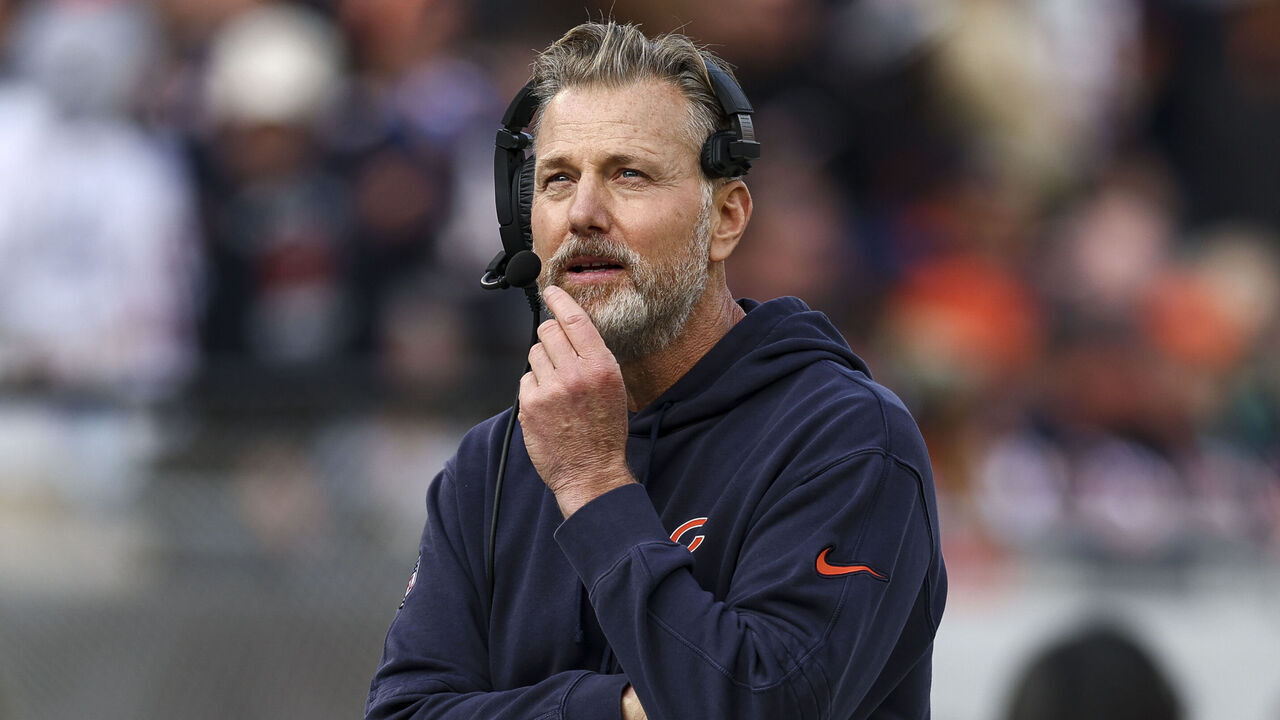 CHICAGO, ILLINOIS - NOVEMBER 17: Head coach Matt Eberflus of the Chicago Bears looks on from the sidelines during the first half of an NFL football game against the Green Bay Packers at Soldier Field on November 17, 2024 in Chicago, Illinois.