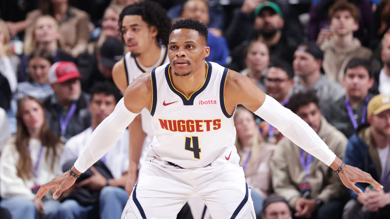 SALT LAKE CITY, UT - WEDNESDAY 27: Russell Westbrook #4 of the Denver Nuggets defends during the game against the Utah Jazz on Wednesday 27, 2024 at vivint.SmartHome Arena in Salt Lake City, Utah. Mandatory Copyright Notice: Copyright 2024 NBAE