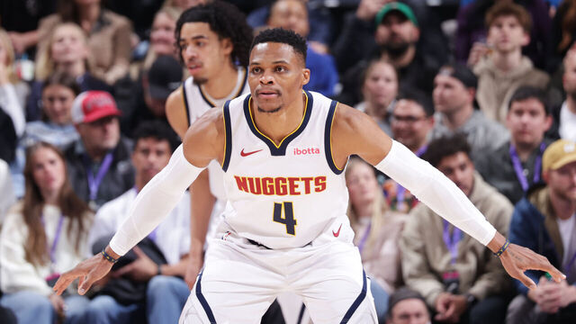 SALT LAKE CITY, UT - WEDNESDAY 27: Russell Westbrook #4 of the Denver Nuggets defends during the game against the Utah Jazz on Wednesday 27, 2024 at vivint.SmartHome Arena in Salt Lake City, Utah. Mandatory Copyright Notice: Copyright 2024 NBAE