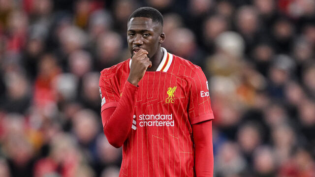 Liverpool, England - November 27: Ibrahima Konate of Liverpool FC gestures during the UEFA Champions League 2024/25 League Phase MD5 match between Liverpool FC and Real Madrid C.F. at Anfield on November 27, 2024 in Liverpool, England.