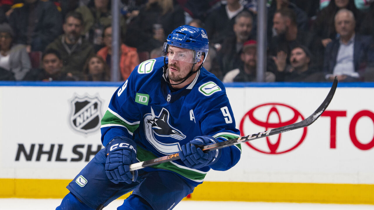 VANCOUVER, CANADA - NOVEMBER 12: J.T. Miller #9 of the Vancouver Canucks skates up ice during their NHL game against the Calgary Flames at Rogers Arena on November 12, 2024 in Vancouver, British Columbia, Canada.