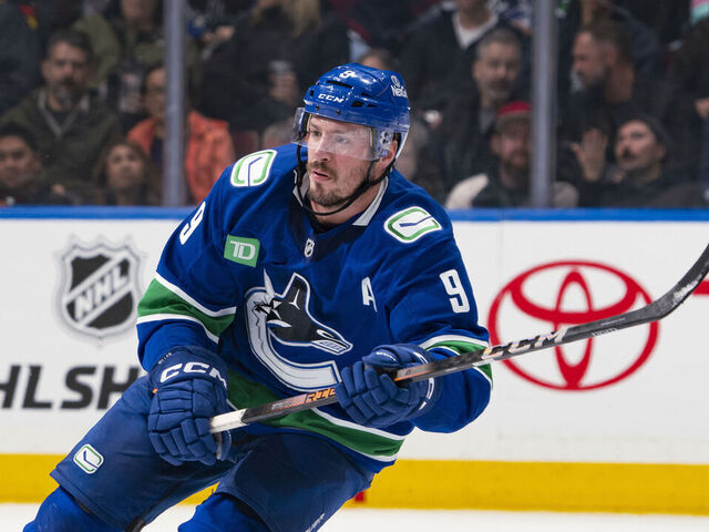 VANCOUVER, CANADA - NOVEMBER 12: J.T. Miller #9 of the Vancouver Canucks skates up ice during their NHL game against the Calgary Flames at Rogers Arena on November 12, 2024 in Vancouver, British Columbia, Canada.