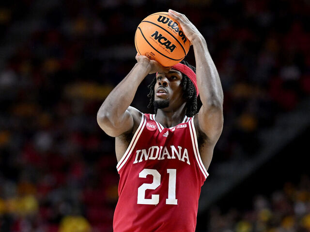 COLLEGE PARK, MARYLAND - MARCH 03: Mackenzie Mgbako #21 of the Indiana Hoosiers shoots the ball against the Maryland Terrapins at Xfinity Center on March 03, 2024 in College Park, Maryland.