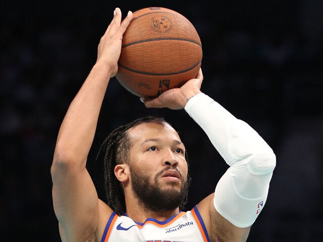 CHARLOTTE, NC -NOVEMBER 29: Jalen Brunson #11 of the New York Knicks shoots a free throw against the Charlotte Hornets during the Emirates NBA Cup Game on November, 29, 2024 at Spectrum Center in Charlotte, North Carolina. Mandatory Copyright Notice: Copyright 2024 NBAE