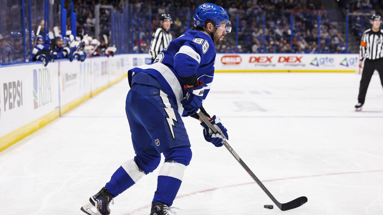 TAMPA, FL - NOVEMBER 27: Nikita Kucherov #86 of the Tampa Bay Lightning skates against the Washington Capitals at Amalie Arena on November 27, 2024 in Tampa, Florida.