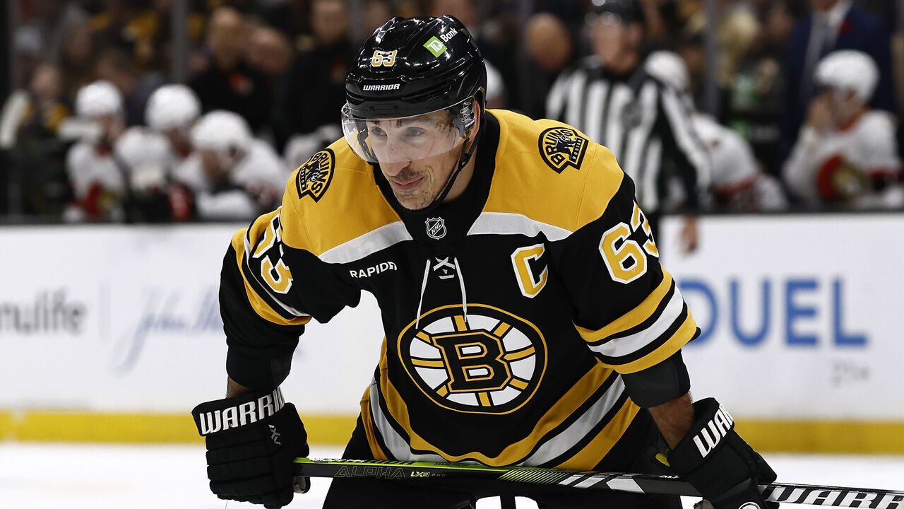 BOSTON, MA - NOVEMBER 9: Brad Marchand #63 of the Boston Bruins during the first period against the Ottawa Senators at TD Garden on November 9, 2024 in Boston, Massachusetts.