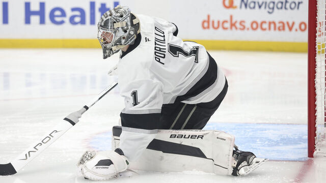 ANAHEIM, CA - NOVEMBER 29: Erik Portillo #1 of the Los Angeles Kings makes his first NHL save during the game against the Anaheim Ducks on November 29, 2024 at Honda Center in Anaheim, California.
