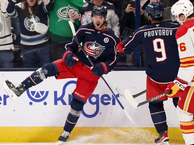 COLUMBUS, OHIO - NOVEMBER 29: Adam Fantilli #19 of the Columbus Blue Jackets reacts after scoring a goal during the third period of the game against the Calgary Flames at Nationwide Arena on November 29, 2024 in Columbus, Ohio. Columbus defeated Calgary 5-2.
