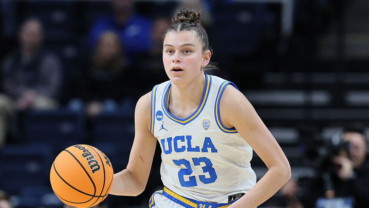 ALBANY, NEW YORK - MARCH 30: Gabriela Jaquez #23 of the UCLA Bruins dribbles with the ball against the LSU Tigers during the first half in the Sweet 16 round of the NCAA Women's Basketball Tournament at MVP Arena on March 30, 2024 in Albany, New York.