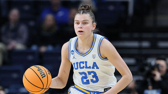 ALBANY, NEW YORK - MARCH 30: Gabriela Jaquez #23 of the UCLA Bruins dribbles with the ball against the LSU Tigers during the first half in the Sweet 16 round of the NCAA Women's Basketball Tournament at MVP Arena on March 30, 2024 in Albany, New York.