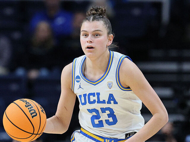 ALBANY, NEW YORK - MARCH 30: Gabriela Jaquez #23 of the UCLA Bruins dribbles with the ball against the LSU Tigers during the first half in the Sweet 16 round of the NCAA Women's Basketball Tournament at MVP Arena on March 30, 2024 in Albany, New York.