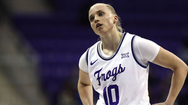 FORT WORTH, TX - NOVEMBER 5: Hailey Van Lith #10 of the TCU Horned Frogs looks on against the Houston Christian Huskies in the first half at Schollmaier Arena on November 5, 2024 in Fort Worth, Texas.