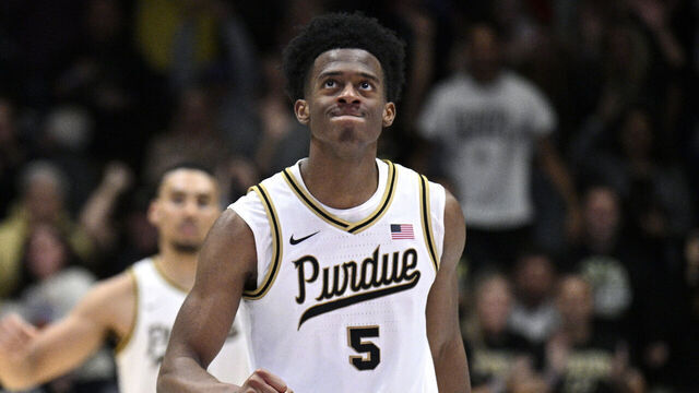 LA JOLLA, CALIFORNIA - NOVEMBER 29: Myles Colvin #5 of the Purdue Boilermakers celebrates after a basket /aol during the second half in the Rady Children's Invitational Championship game at LionTree Arena on November 29, 2024 in La Jolla, California.
