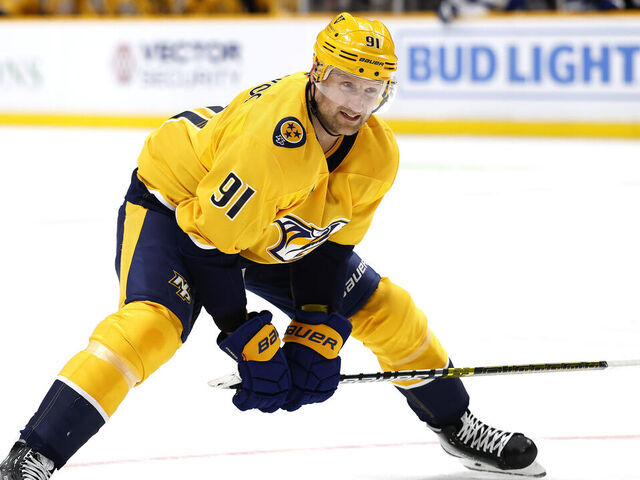NASHVILLE, TENNESSEE - NOVEMBER 29: Steven Stamkos #91 of the Nashville Predators looks on during the first period of the game between the Nashville Predators and the Tampa Bay Lighting at Bridgestone Arena on November 29, 2024 in Nashville, Tennessee.