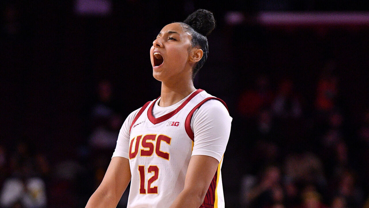 LOS ANGELES, CA - NOVEMBER 12: USC Trojans guard JuJu Watkins (12) celebrates during the women's college basketball game between the Cal State Northridge Matadors and the USC Trojans on November 12, 2024 at Galen Center in Los Angeles, CA.