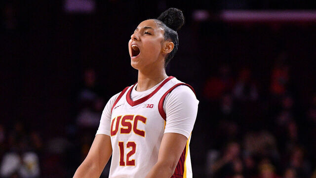 LOS ANGELES, CA - NOVEMBER 12: USC Trojans guard JuJu Watkins (12) celebrates during the women's college basketball game between the Cal State Northridge Matadors and the USC Trojans on November 12, 2024 at Galen Center in Los Angeles, CA.