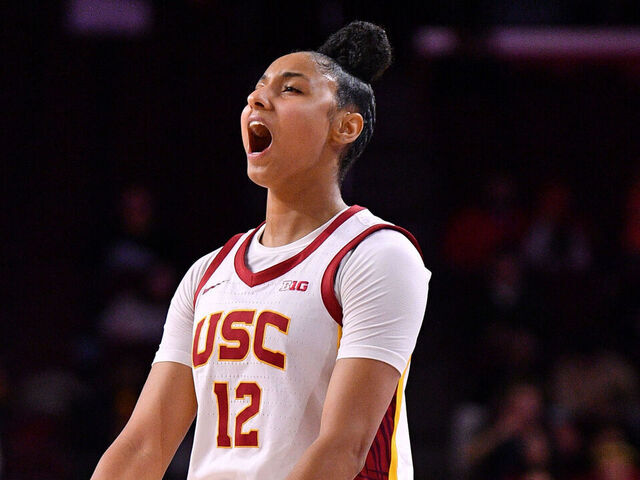 LOS ANGELES, CA - NOVEMBER 12: USC Trojans guard JuJu Watkins (12) celebrates during the women's college basketball game between the Cal State Northridge Matadors and the USC Trojans on November 12, 2024 at Galen Center in Los Angeles, CA.
