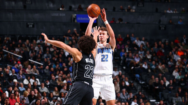 BROOKLYN, NY - NOVEMBER 29: Franz Wagner #22 of the Orlando Magic shoots a three point basket during the game against the Brooklyn Nets during a Emirates NBA Cup game on October 22, 2024 at Barclays Center in Brooklyn, New York. Mandatory Copyright Notice: Copyright 2024 NBAE
