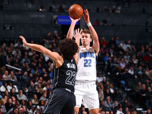 BROOKLYN, NY - NOVEMBER 29: Franz Wagner #22 of the Orlando Magic shoots a three point basket during the game against the Brooklyn Nets during a Emirates NBA Cup game on October 22, 2024 at Barclays Center in Brooklyn, New York. Mandatory Copyright Notice: Copyright 2024 NBAE