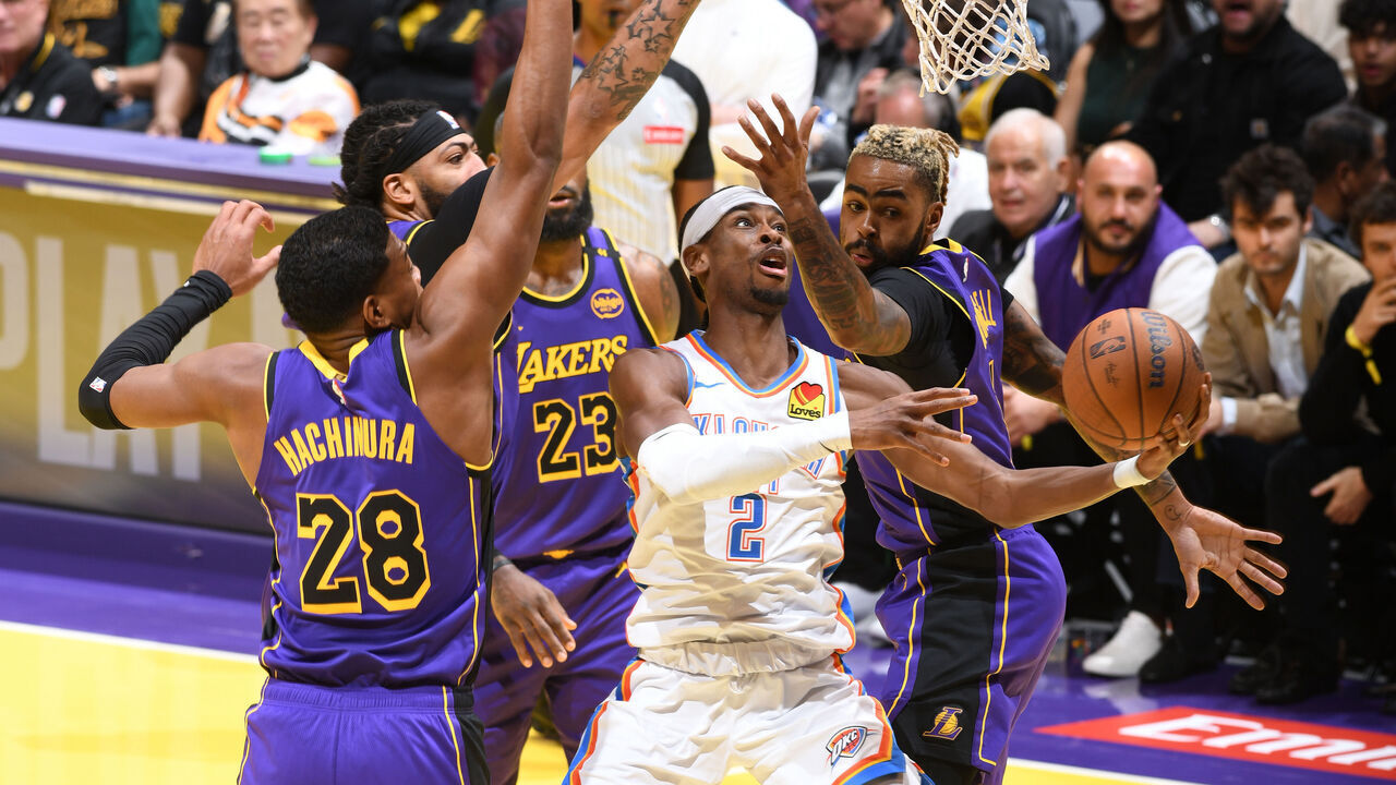 LOS ANGELES, CA - NOVEMBER 29: Shai Gilgeous-Alexander #2 of the Oklahoma City Thunder drives to the basket during the game against the Los Angeles Lakers during a Emirates NBA Cup game on October 22, 2024 at Crypto.Com Arena in Los Angeles, California. NOTE TO USER: User expressly acknowledges and agrees that, by downloading and/or using this Photograph, user is consenting to the terms and conditions of the Getty Images License Agreement. Mandatory Copyright Notice: Copyright 2024 NBAE