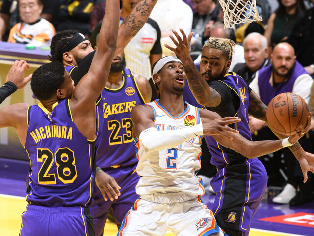 LOS ANGELES, CA - NOVEMBER 29: Shai Gilgeous-Alexander #2 of the Oklahoma City Thunder drives to the basket during the game against the Los Angeles Lakers during a Emirates NBA Cup game on October 22, 2024 at Crypto.Com Arena in Los Angeles, California. NOTE TO USER: User expressly acknowledges and agrees that, by downloading and/or using this Photograph, user is consenting to the terms and conditions of the Getty Images License Agreement. Mandatory Copyright Notice: Copyright 2024 NBAE