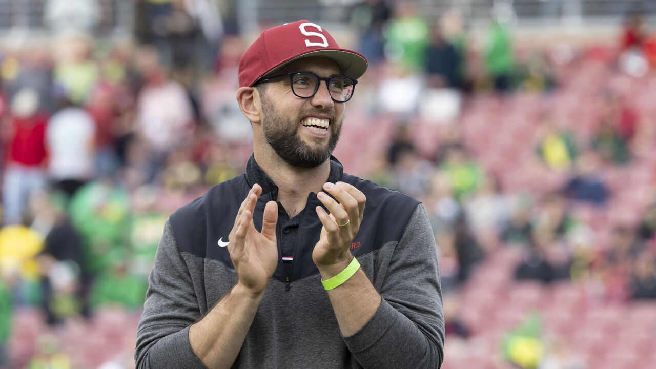 PALO ALTO, CA - SEPTEMBER 30: Former Stanford and NFL quarterback Andrew Luck is inducted into the Stanford Athletics Hall of Fame at halftime of a Pac-12 NCAA college football game between the Stanford Cardinal and the Oregon Ducks on September 30, 2023 at Stanford Stadium in Palo Alto, California.