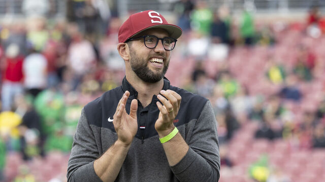 PALO ALTO, CA - SEPTEMBER 30: Former Stanford and NFL quarterback Andrew Luck is inducted into the Stanford Athletics Hall of Fame at halftime of a Pac-12 NCAA college football game between the Stanford Cardinal and the Oregon Ducks on September 30, 2023 at Stanford Stadium in Palo Alto, California.