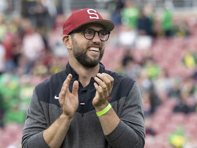 PALO ALTO, CA - SEPTEMBER 30: Former Stanford and NFL quarterback Andrew Luck is inducted into the Stanford Athletics Hall of Fame at halftime of a Pac-12 NCAA college football game between the Stanford Cardinal and the Oregon Ducks on September 30, 2023 at Stanford Stadium in Palo Alto, California.