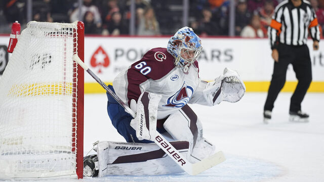 PHILADELPHIA, PENNSYLVANIA - NOVEMBER 18: Justus Annunen #60 of the Colorado Avalanche looks on against the Philadelphia Flyers at the Wells Fargo Center on November 18, 2024 in Philadelphia, Pennsylvania. The Avalanche defeated the Flyers 3-2.