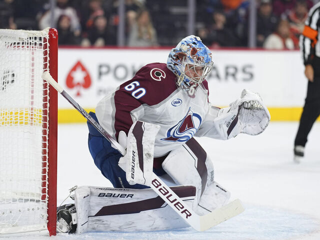 PHILADELPHIA, PENNSYLVANIA - NOVEMBER 18: Justus Annunen #60 of the Colorado Avalanche looks on against the Philadelphia Flyers at the Wells Fargo Center on November 18, 2024 in Philadelphia, Pennsylvania. The Avalanche defeated the Flyers 3-2.