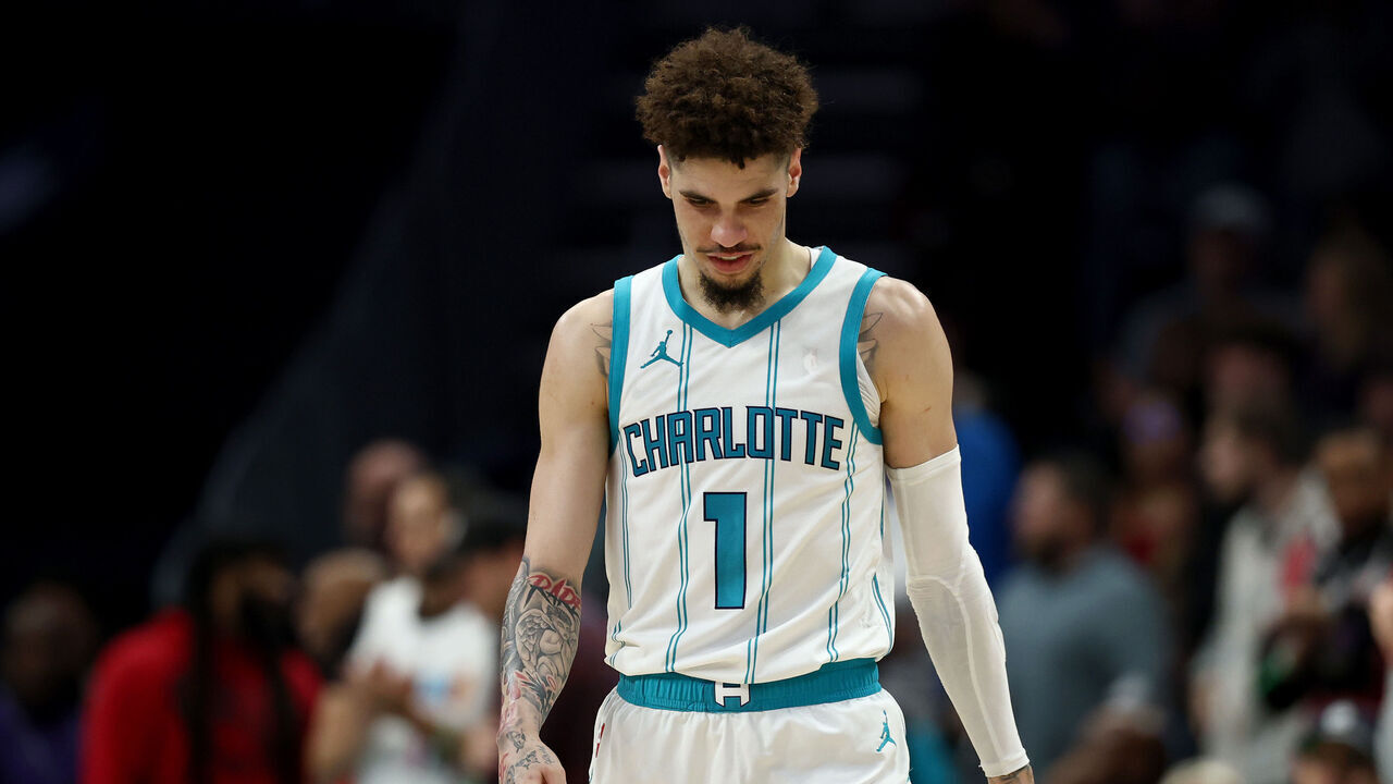 CHARLOTTE, NORTH CAROLINA - NOVEMBER 27: LaMelo Ball #1 of the Charlotte Hornets reacts during the second half of the game against the Miami Heat at Spectrum Center on November 27, 2024 in Charlotte, North Carolina.
