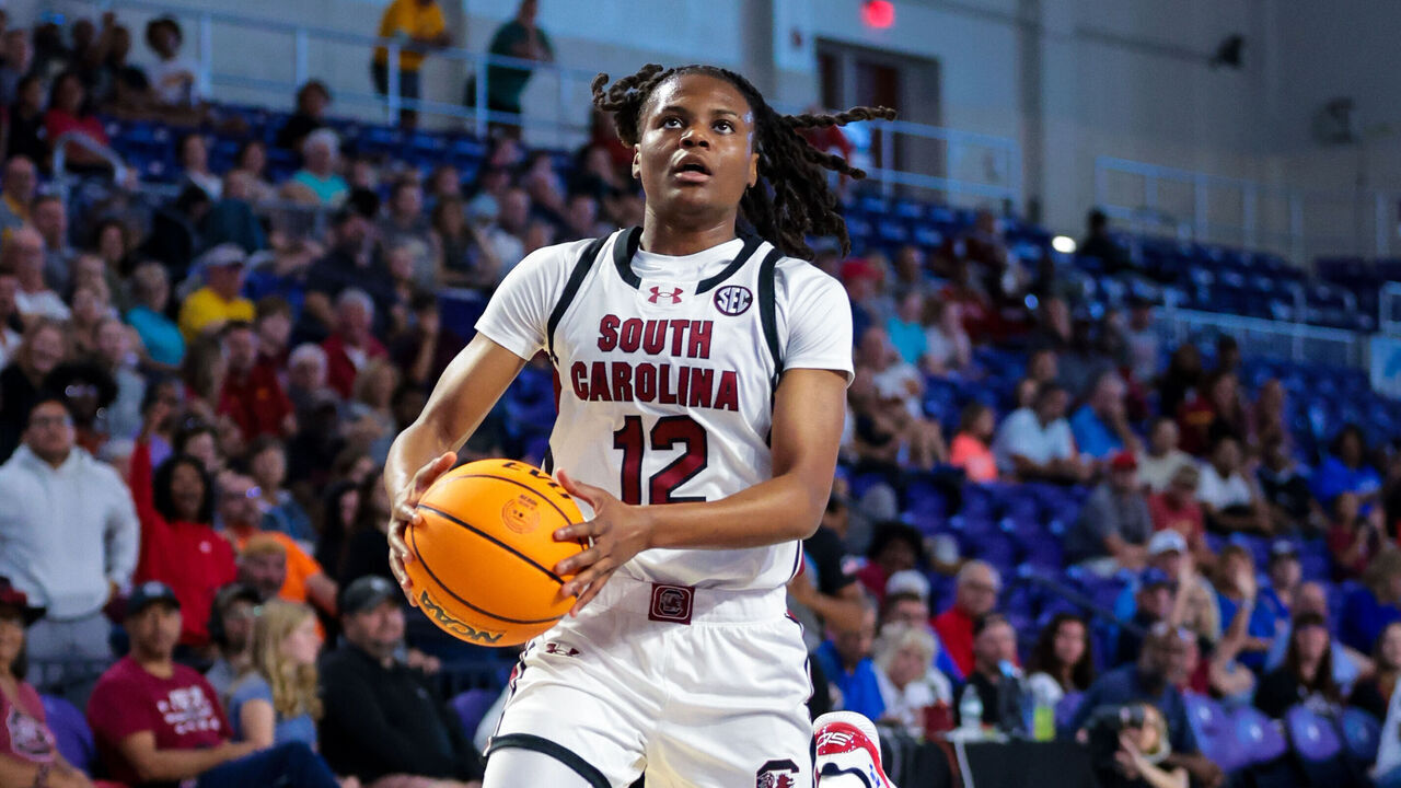 FORT MYERS, FLORIDA - NOVEMBER 28: MiLaysia Fulwiley #12 of the South Carolina Gamecocks drives down the court during a game against Iowa State at Suncoast Credit Union Arena on November 28, 2024 in Fort Myers, Florida.