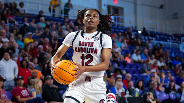 FORT MYERS, FLORIDA - NOVEMBER 28: MiLaysia Fulwiley #12 of the South Carolina Gamecocks drives down the court during a game against Iowa State at Suncoast Credit Union Arena on November 28, 2024 in Fort Myers, Florida.