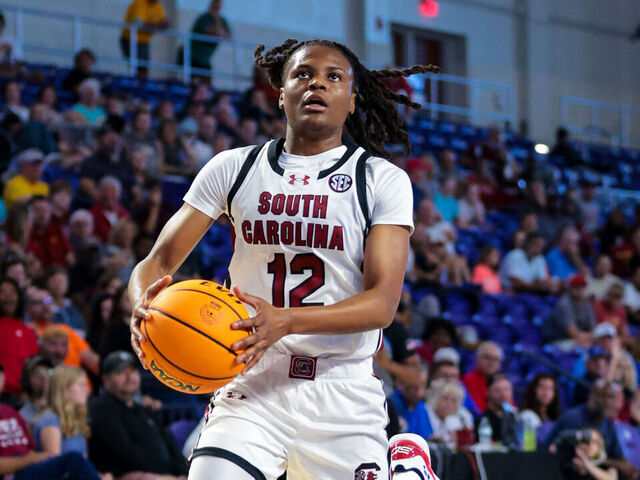 FORT MYERS, FLORIDA - NOVEMBER 28: MiLaysia Fulwiley #12 of the South Carolina Gamecocks drives down the court during a game against Iowa State at Suncoast Credit Union Arena on November 28, 2024 in Fort Myers, Florida.