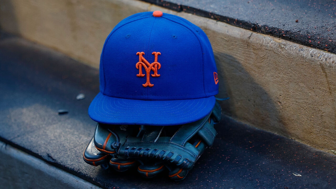 ANAHEIM, CALIFORNIA - AUGUST 2: A detail view of a New York Mets logo on a hat prior to a game against the Los Angeles Angels at Angel Stadium of Anaheim on August 2, 2024 in Anaheim, California.