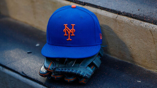 ANAHEIM, CALIFORNIA - AUGUST 2: A detail view of a New York Mets logo on a hat prior to a game against the Los Angeles Angels at Angel Stadium of Anaheim on August 2, 2024 in Anaheim, California.