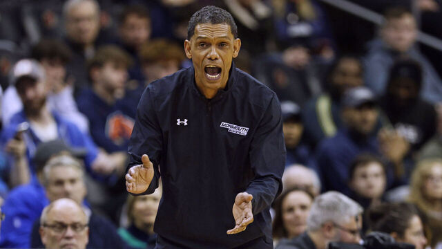 NEWARK, NEW JERSEY - DECEMBER 12: Head coach King Rice of the Monmouth Hawks reacts to a play against the Seton Hall Pirates during the first half of a game at Prudential Center on December 12, 2023 in Newark, New Jersey.