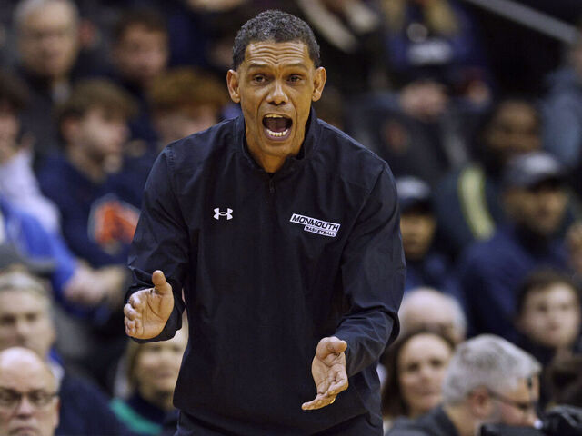 NEWARK, NEW JERSEY - DECEMBER 12: Head coach King Rice of the Monmouth Hawks reacts to a play against the Seton Hall Pirates during the first half of a game at Prudential Center on December 12, 2023 in Newark, New Jersey.