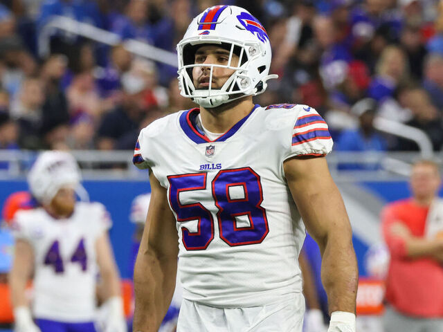 DETROIT, MI - NOVEMBER 24: Buffalo Bills linebacker Matt Milano (58) waits for the play during a regular season NFL football game between the Buffalo Bills and the Detroit Lions on Thanksgiving Day on November 24, 2022 at Ford Field in Detroit, Michigan.