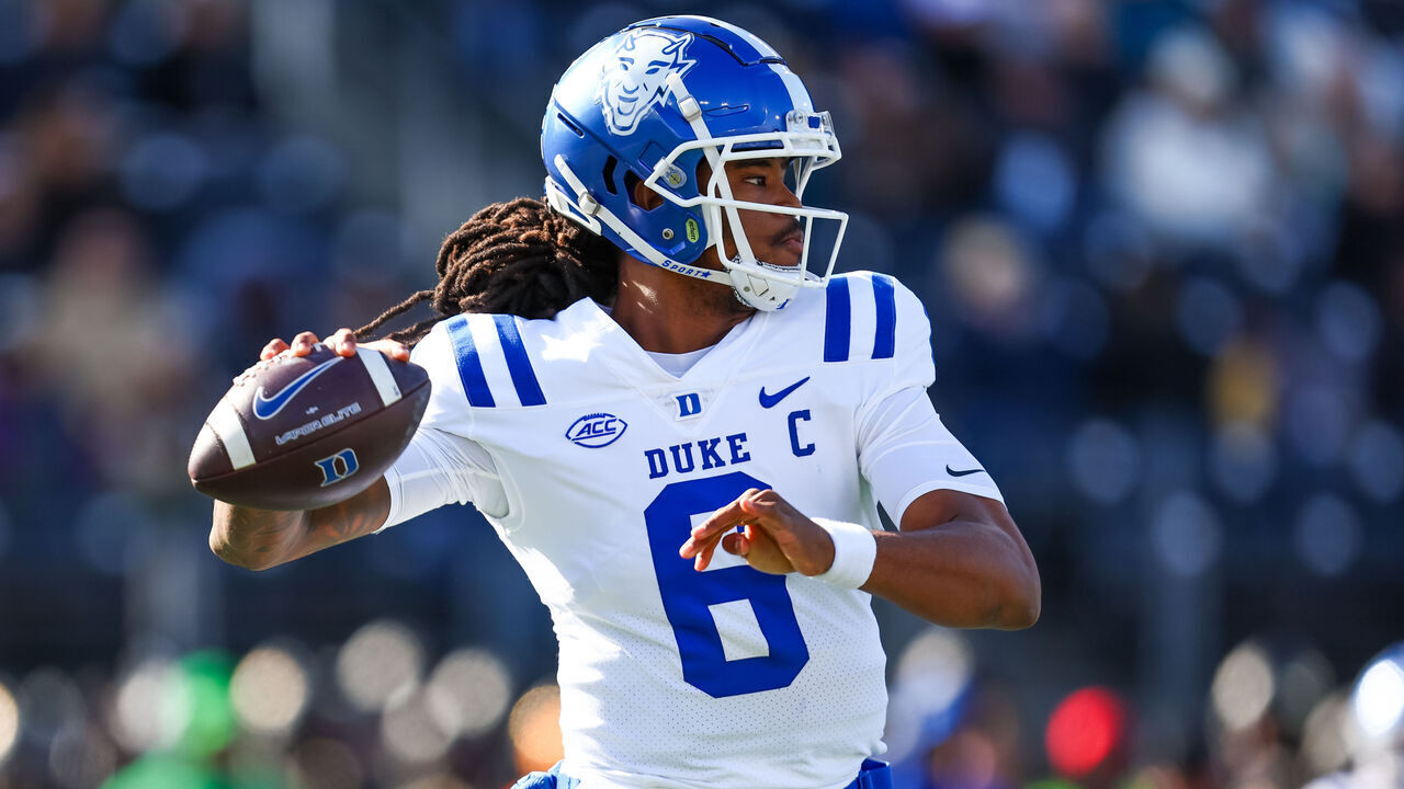 WINSTON-SALEM, NORTH CAROLINA - NOVEMBER 30: Maalik Murphy #6 of the Duke Blue Devils looks to pass the ball during the first half of a football game against the Wake Forest Demon Deacons at Allegacy Federal Credit Union Stadium on November 30, 2024 in Winston-Salem, North Carolina.