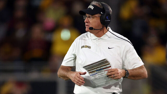 TEMPE, ARIZONA - NOVEMBER 09: Head coach Gus Malzahn of the UCF Knights looks on during the game against the Arizona State Sun Devils at Sun Devil Stadium on November 09, 2024 in Tempe, Arizona. The Sun Devils defeated the Knights 35-31.