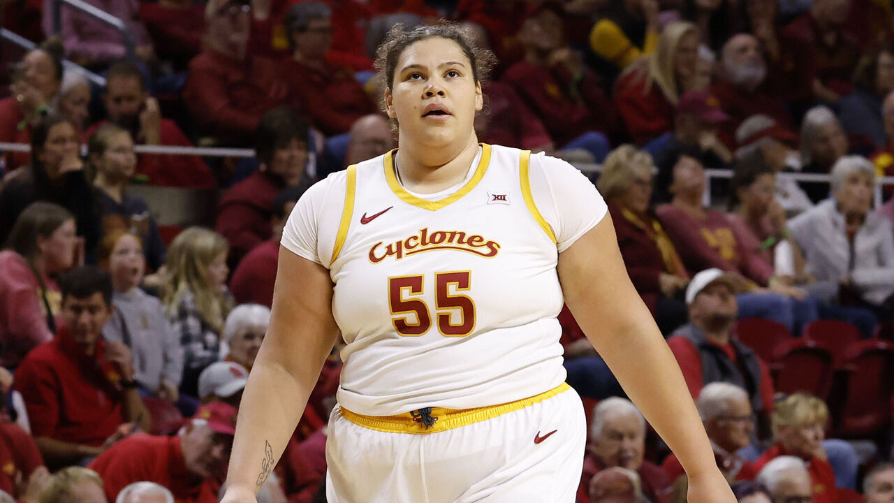 AMES, IA - NOVEMBER 24: Audi Crooks #55 of the Iowa State Cyclones walks down the court in the second half of play at Hilton Coliseum on November 24, 2024 in Ames, Iowa. The Iowa State Cyclones won 80-78 over the Drake Bulldogs.