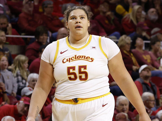 AMES, IA - NOVEMBER 24: Audi Crooks #55 of the Iowa State Cyclones walks down the court in the second half of play at Hilton Coliseum on November 24, 2024 in Ames, Iowa. The Iowa State Cyclones won 80-78 over the Drake Bulldogs.