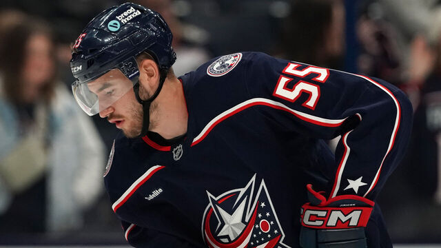 COLUMBUS, OHIO - SEPTEMBER 28: David Jiricek #55 of the Columbus Blue Jackets warms up prior to the preseason game at Nationwide Arena on September 28, 2024 in Columbus, Ohio.